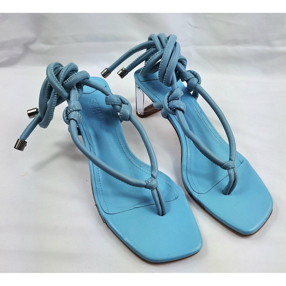 Schutz‎ Siena Vamp Lace Up Open Toe Clear Column Mid Heel in Wonder Blue Sz 5.5B